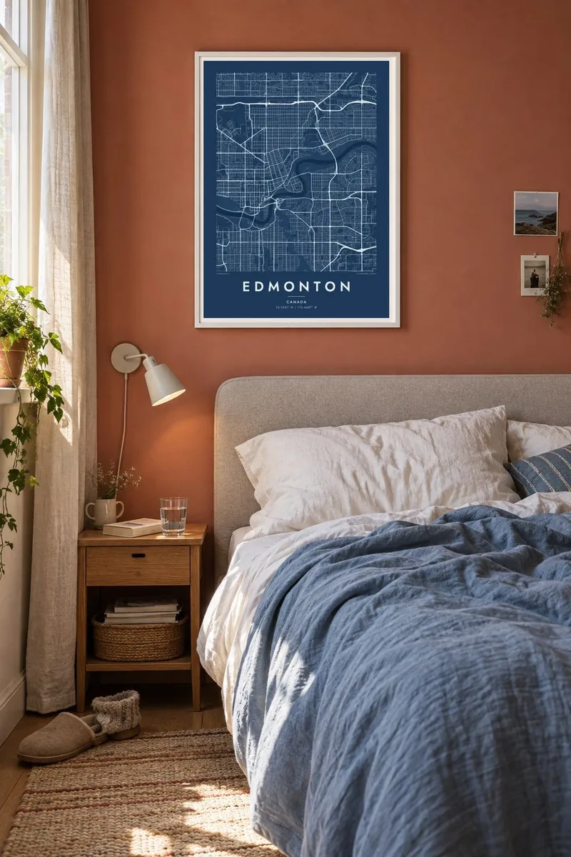 Edmonton map poster in a white frame, linen bedroom interior