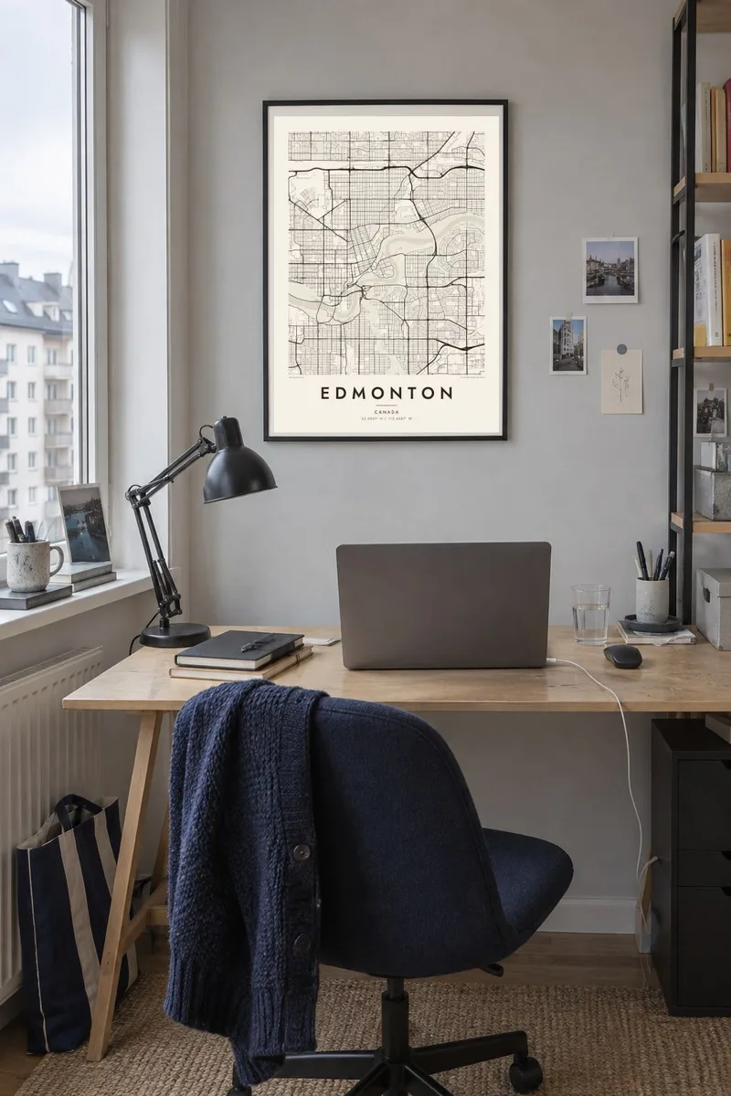 Edmonton map poster in a black frame, urban work interior