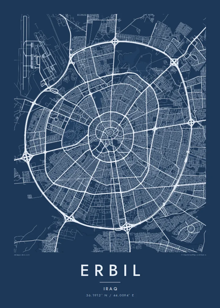 Erbil map poster — Blueprint style