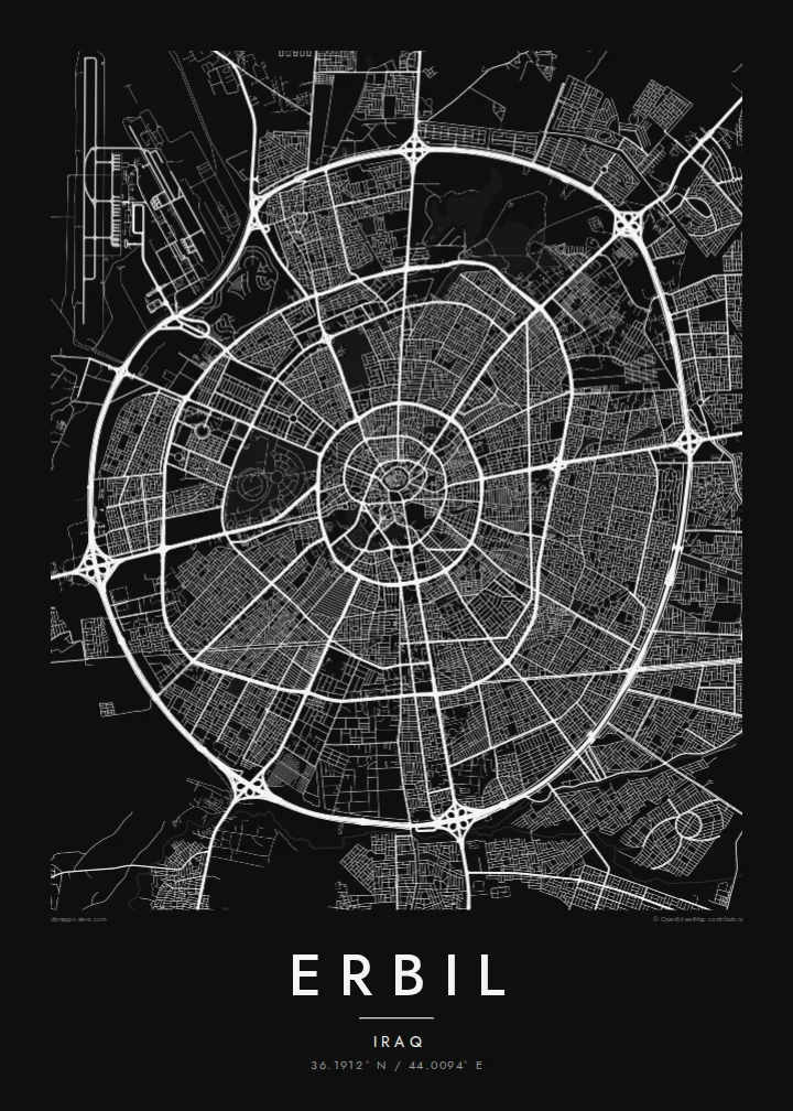 Erbil map poster — Noir style