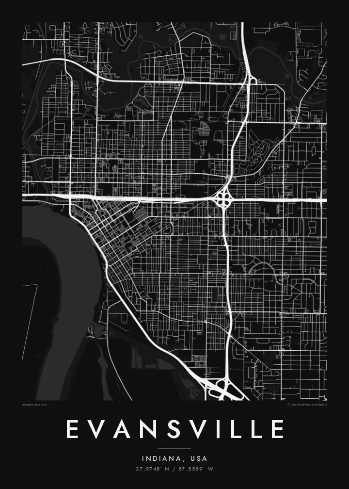 Evansville map poster — Noir style