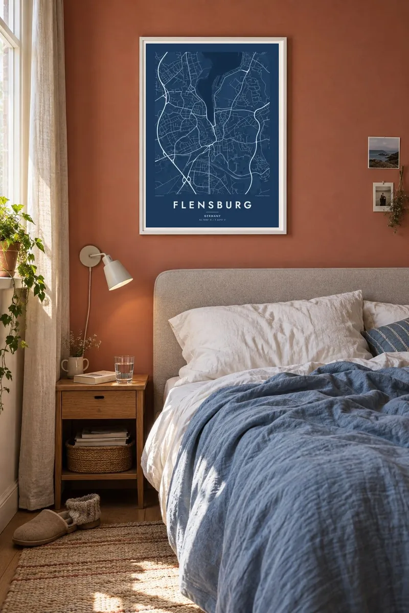 Flensburg map poster in a white frame, linen bedroom interior
