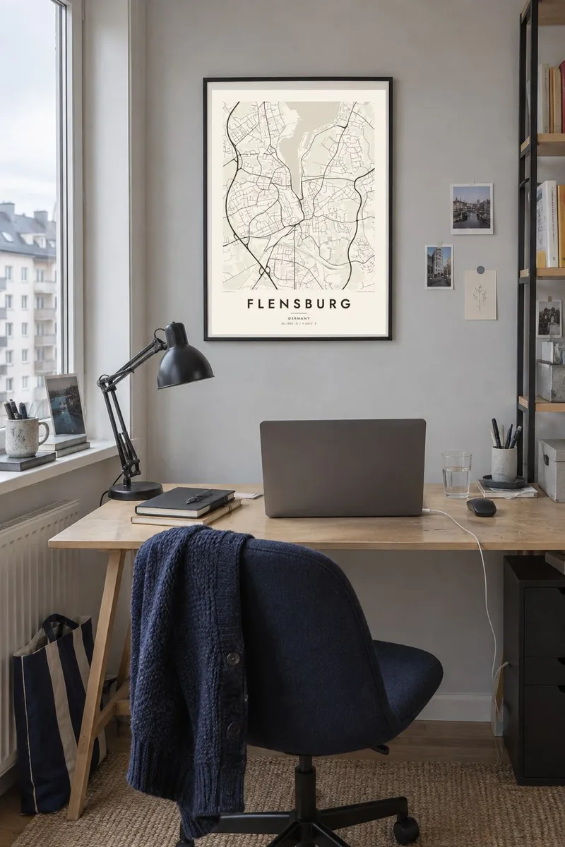 Flensburg map poster in a black frame, urban work interior
