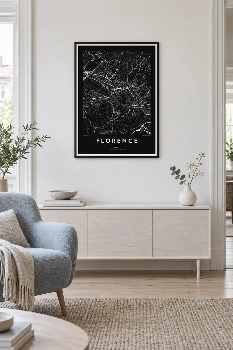 Florence map poster in a black frame, scandinavian interior