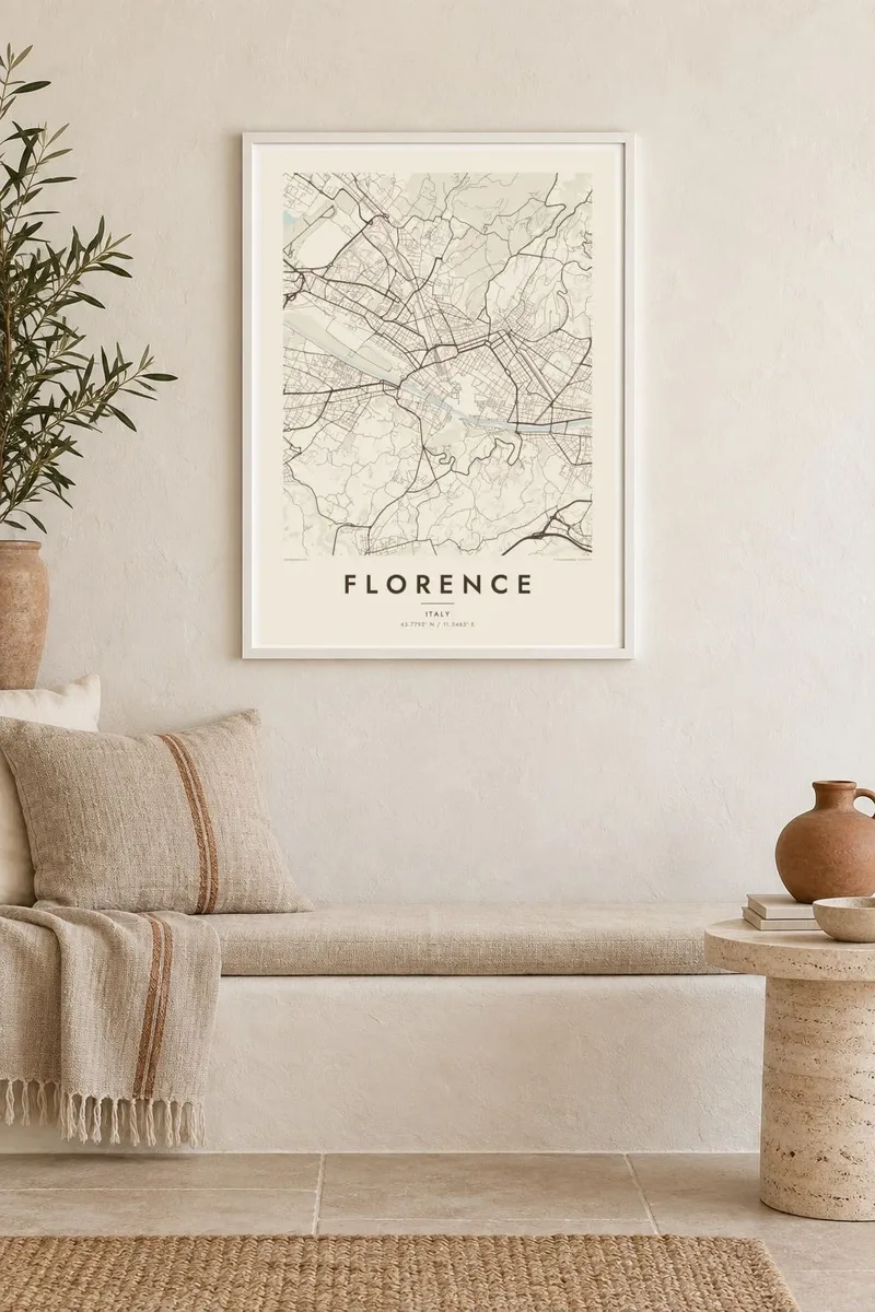 Florence map poster in a white frame, mediterranean interior