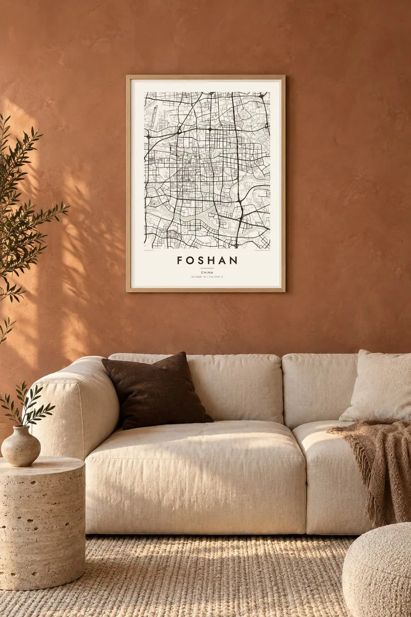 Foshan map poster in an oak frame, terracotta interior