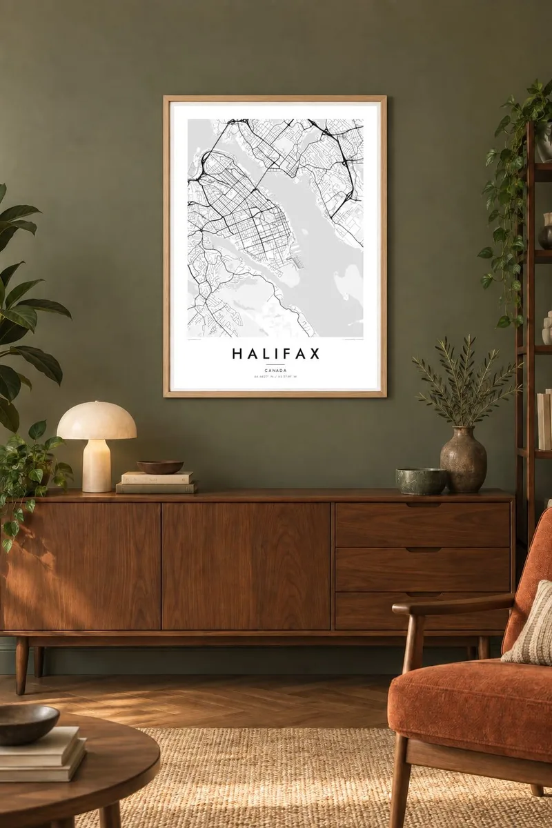 Halifax map poster in an oak frame, midcentury interior