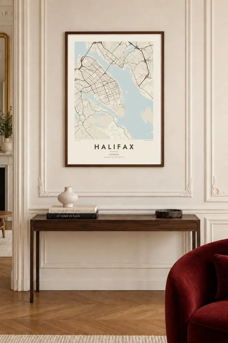 Halifax map poster in a walnut frame, paris interior