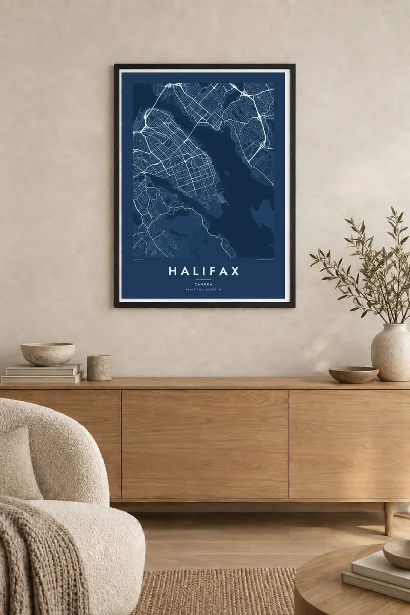 Halifax map poster in a black frame, japandi interior