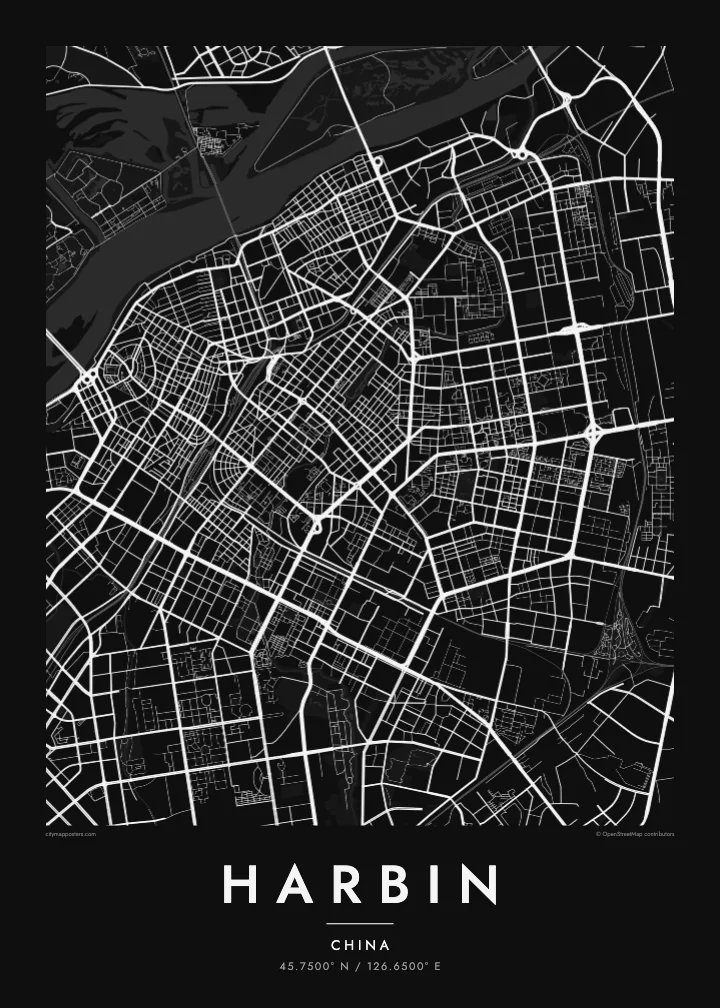 Harbin map poster — Noir style