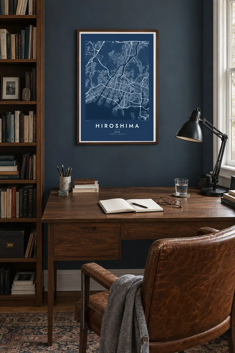 Hiroshima map poster in a walnut frame, study navy interior