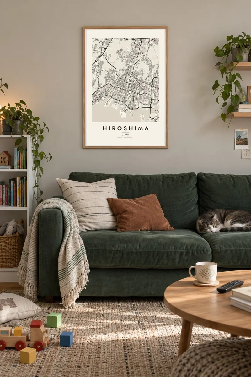 Hiroshima map poster in an oak frame, contemporary family interior