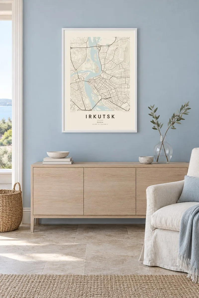 Irkutsk map poster in a white frame, coastal interior