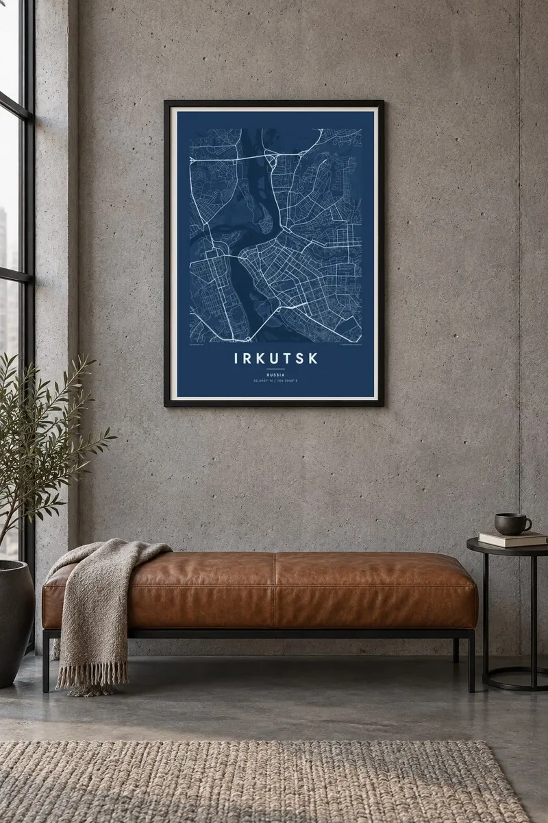 Irkutsk map poster in a black frame, industrial interior