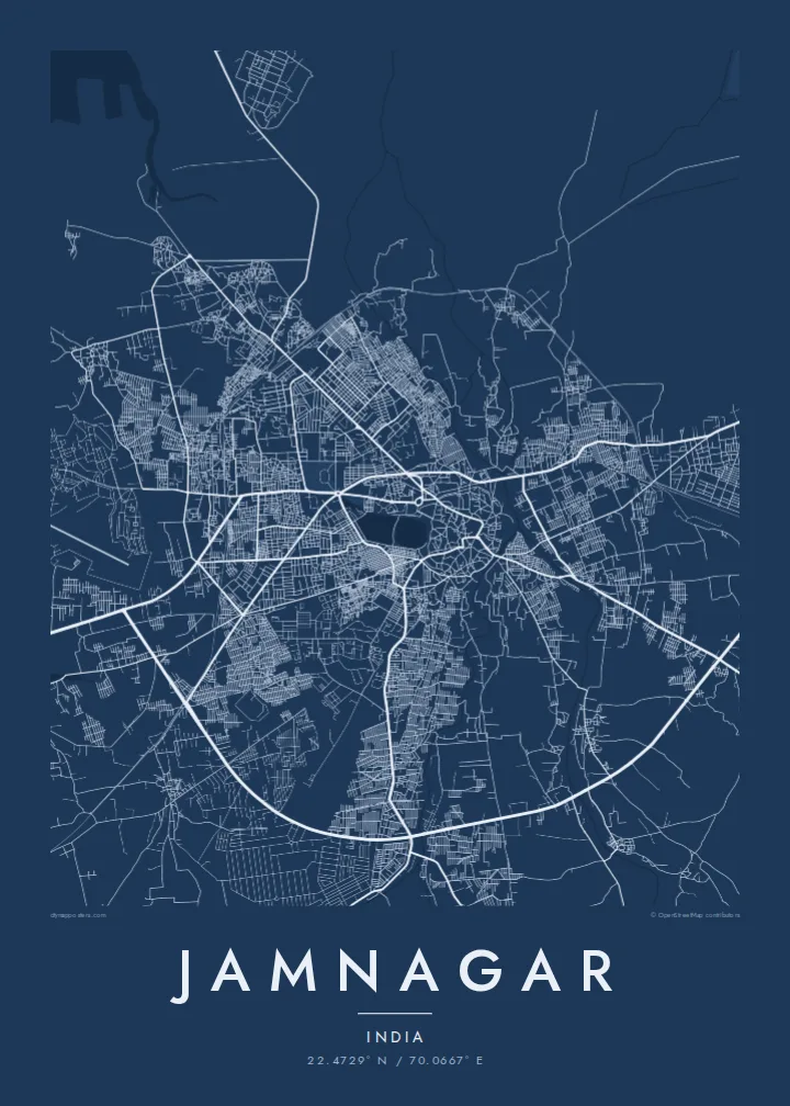 Jamnagar map poster — Blueprint style