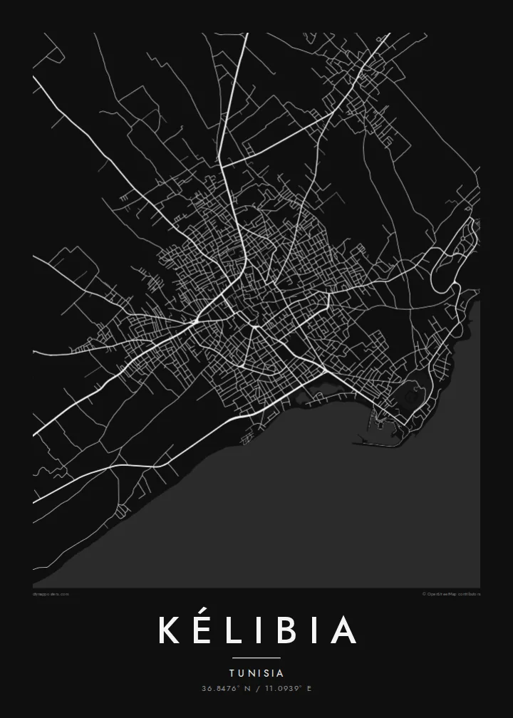 Kélibia map poster — Noir style
