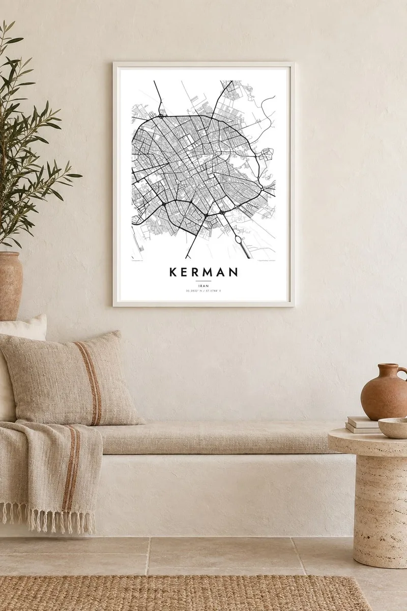کرمان map poster in a white frame, mediterranean interior