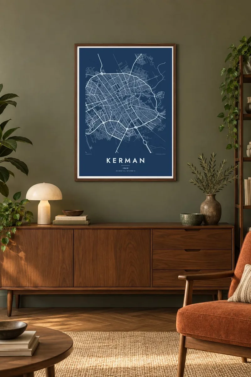 کرمان map poster in a walnut frame, midcentury interior