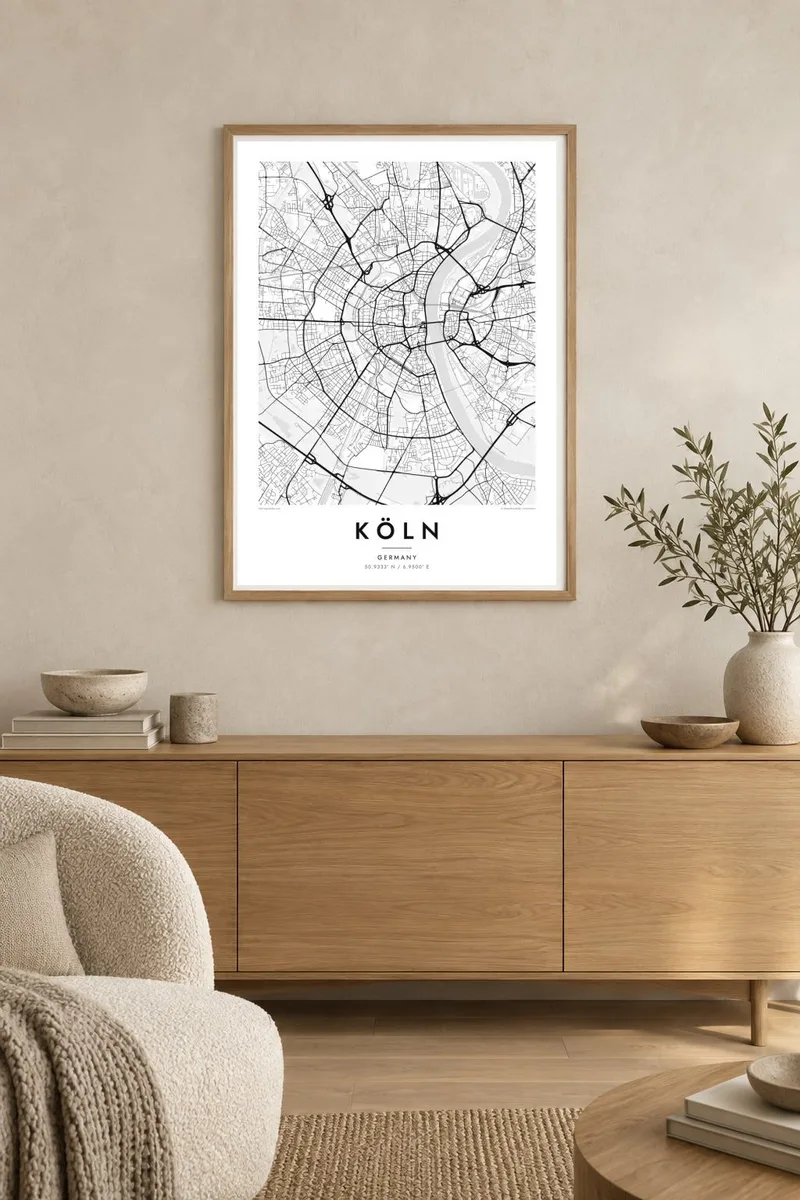 Köln map poster in an oak frame, japandi interior