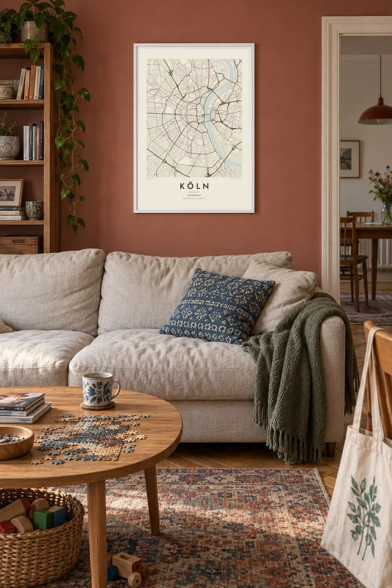 Köln map poster in a white frame, family living interior