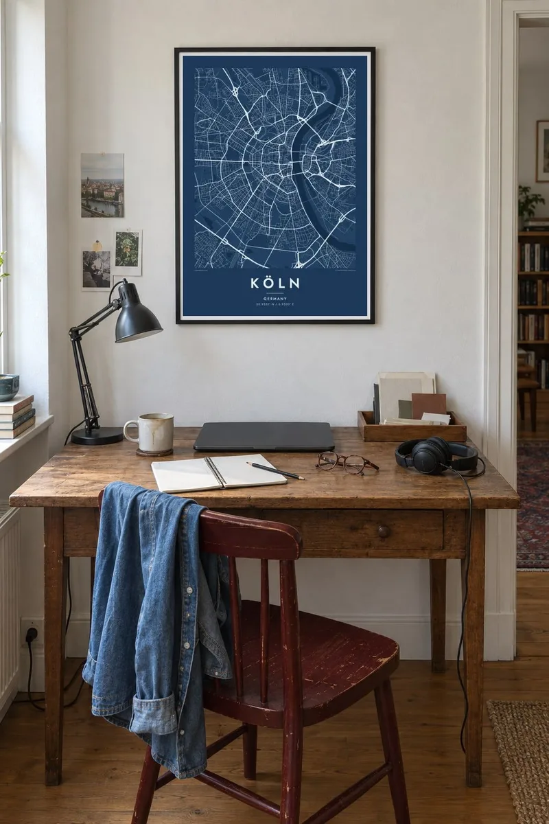 Köln map poster in a black frame, creative desk interior