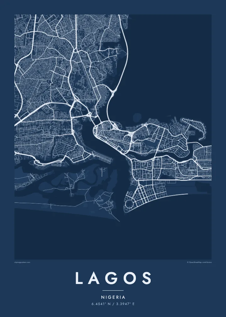 Lagos map poster — Blueprint style