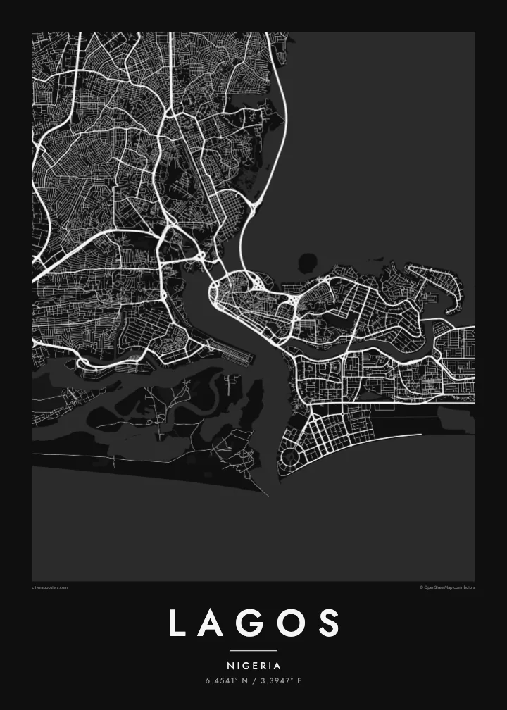 Lagos map poster — Noir style