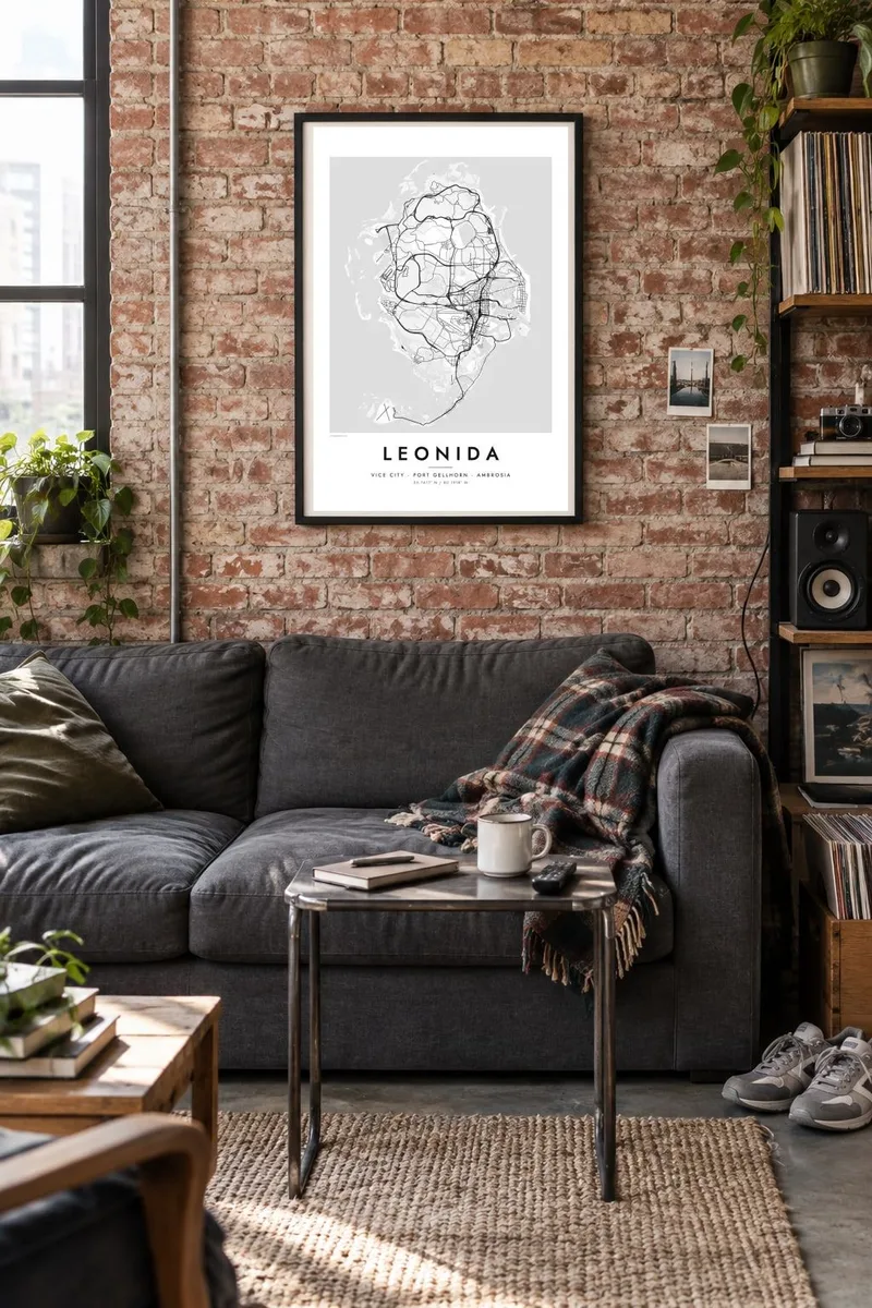 Leonida map poster in a black frame, brick loft interior