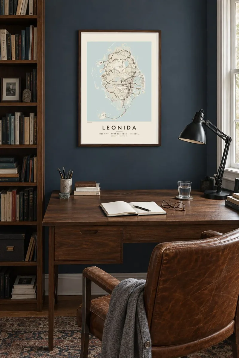 Leonida map poster in a walnut frame, study navy interior