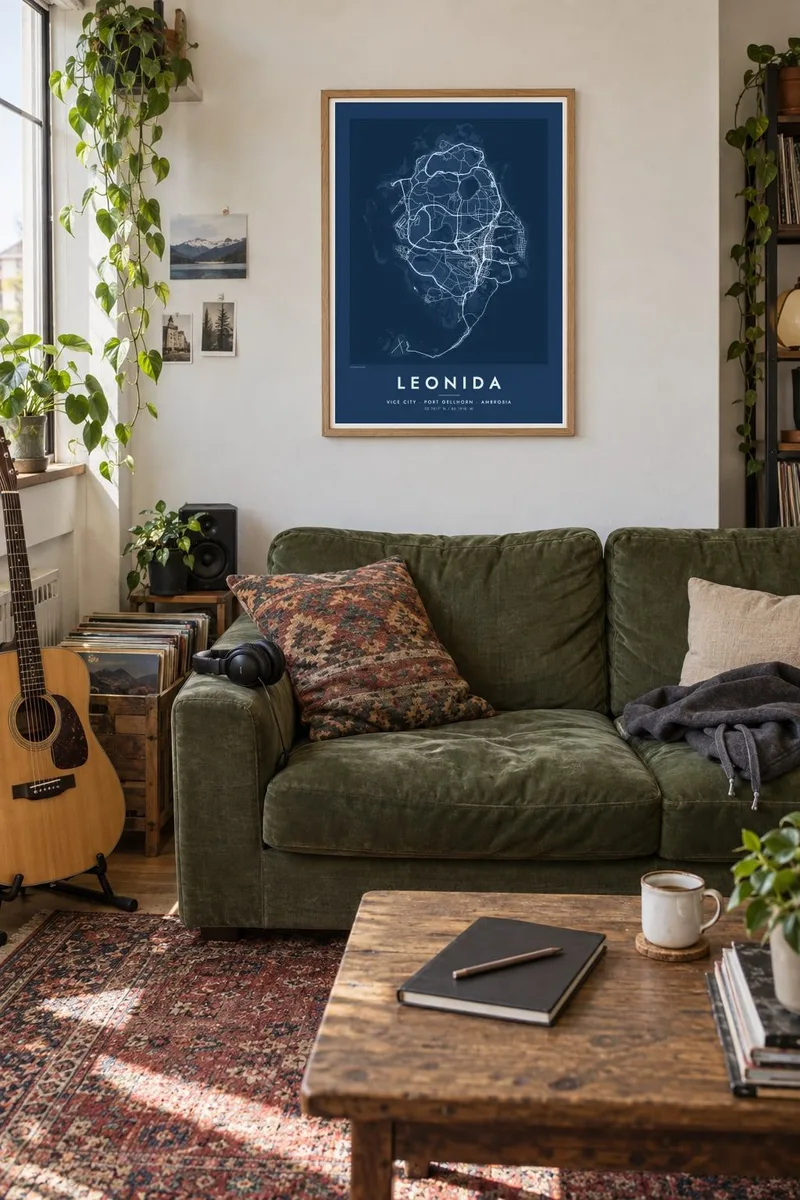 Leonida map poster in an oak frame, music practice interior