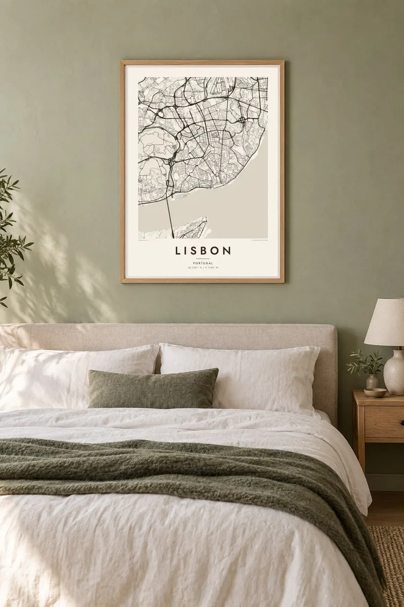 Lisbonne map poster in an oak frame, sage bedroom interior