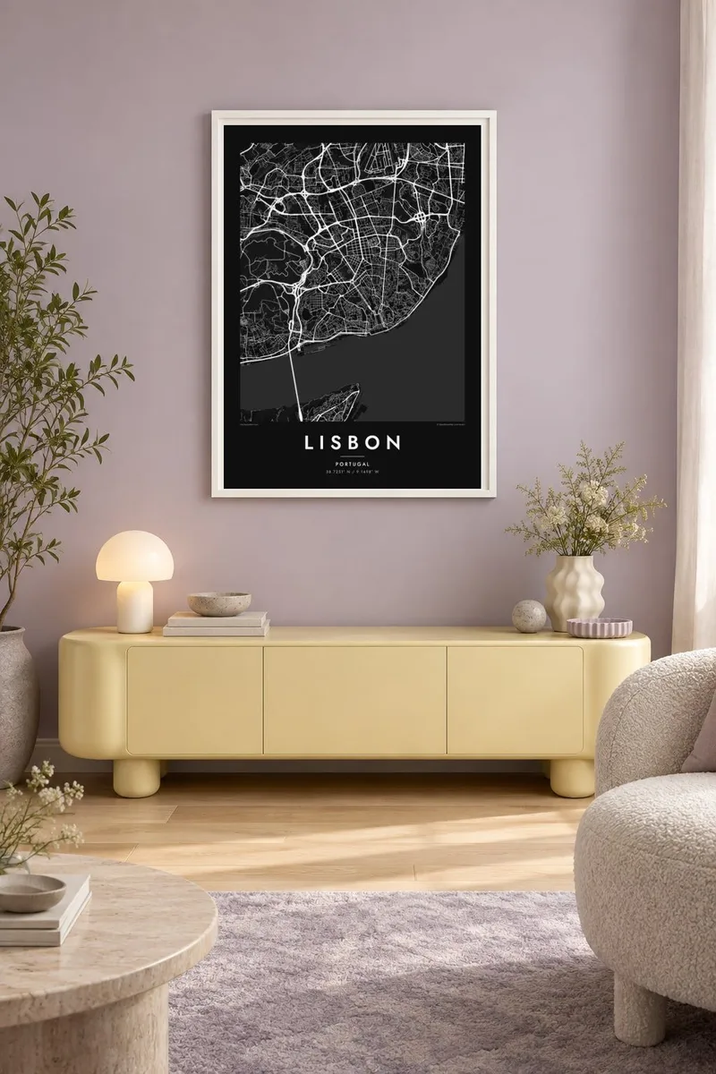 Lisbonne map poster in a white frame, pastel interior