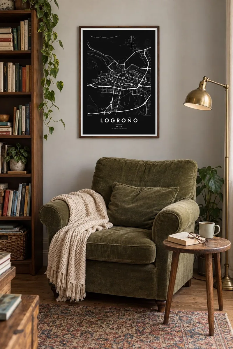 Logroño map poster in a walnut frame, reader home interior