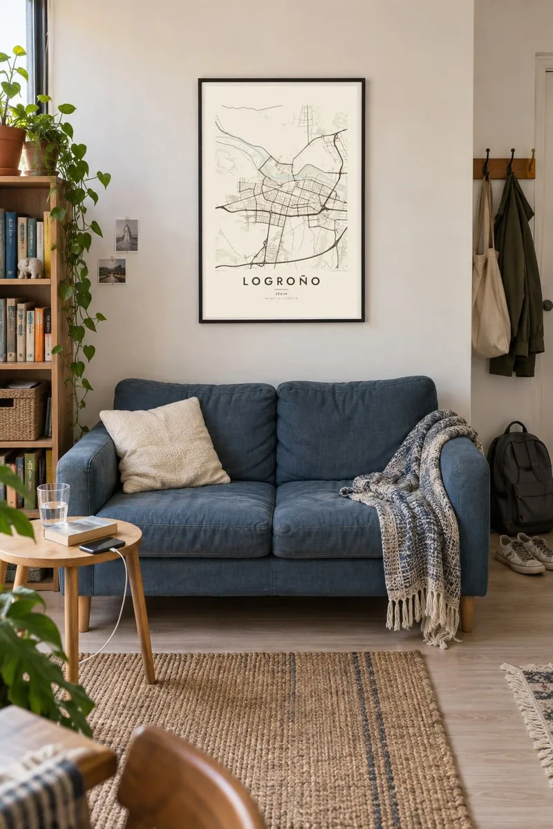 Logroño map poster in a black frame, small flat interior
