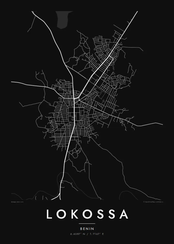 Lokossa map poster — Noir style