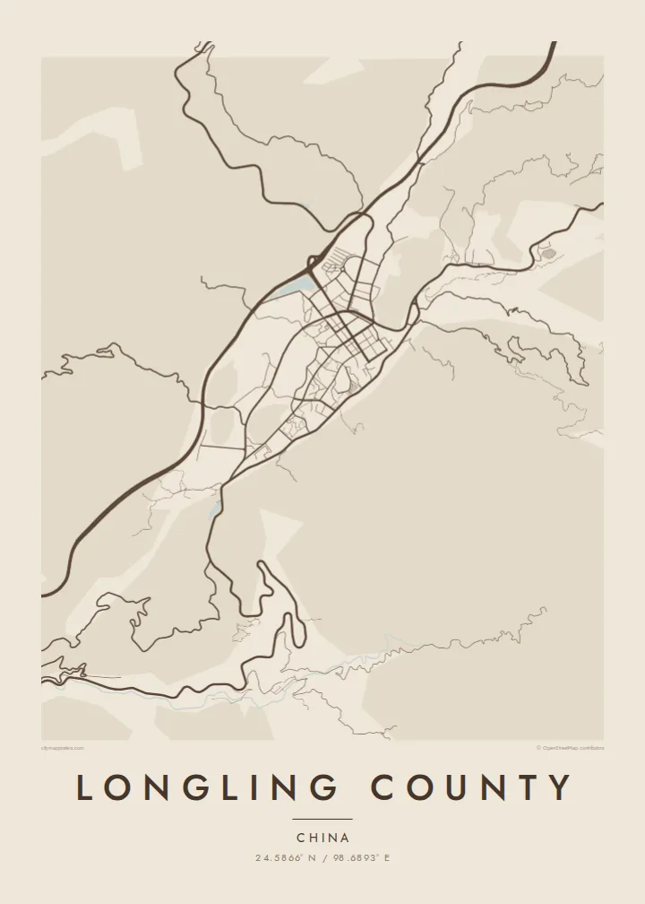 Longling County map poster — Sand