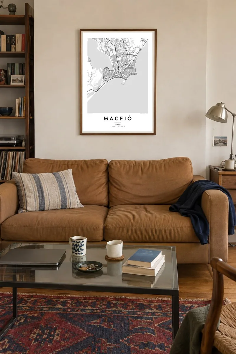 Maceió map poster in a walnut frame, city living interior