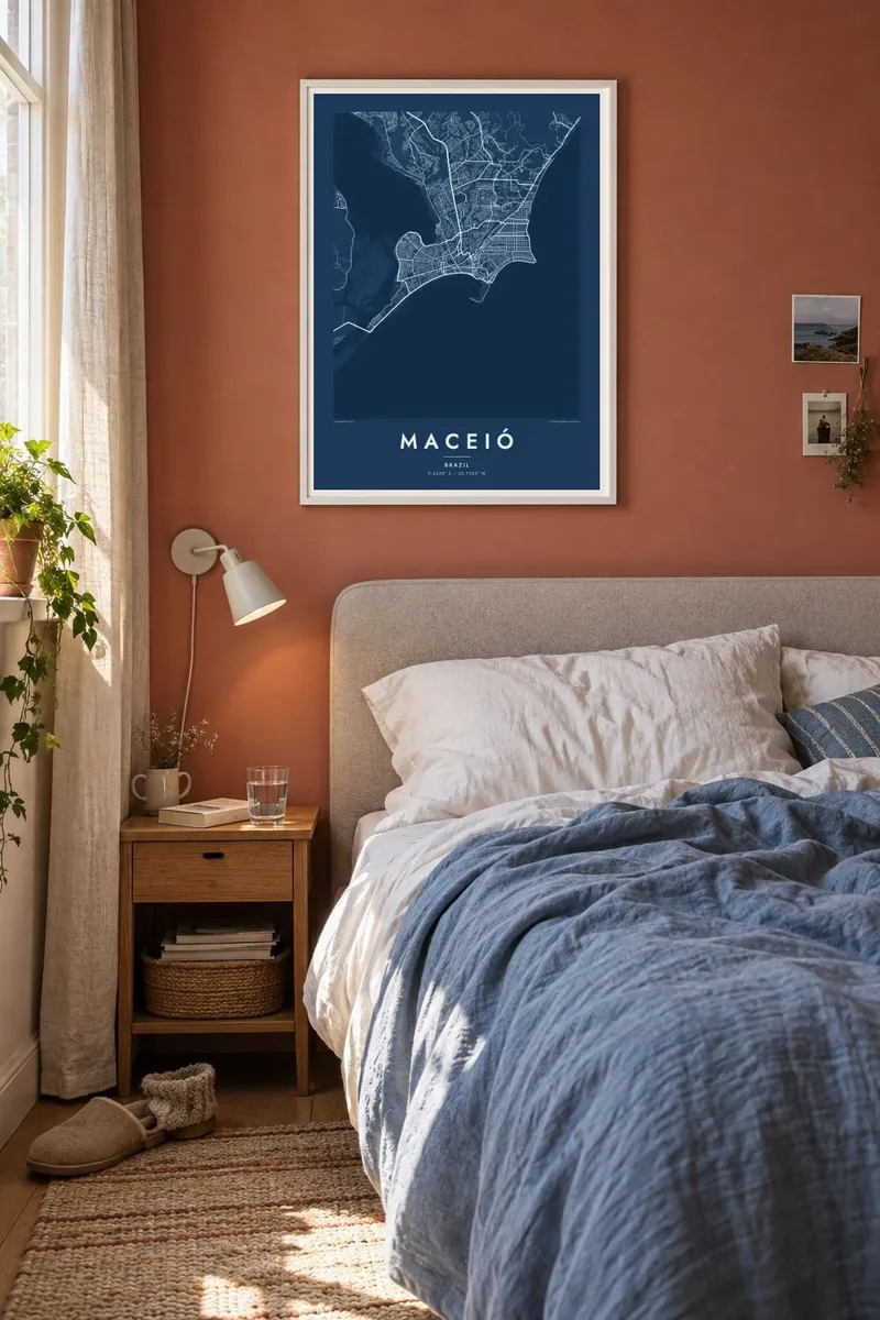 Maceió map poster in a white frame, linen bedroom interior