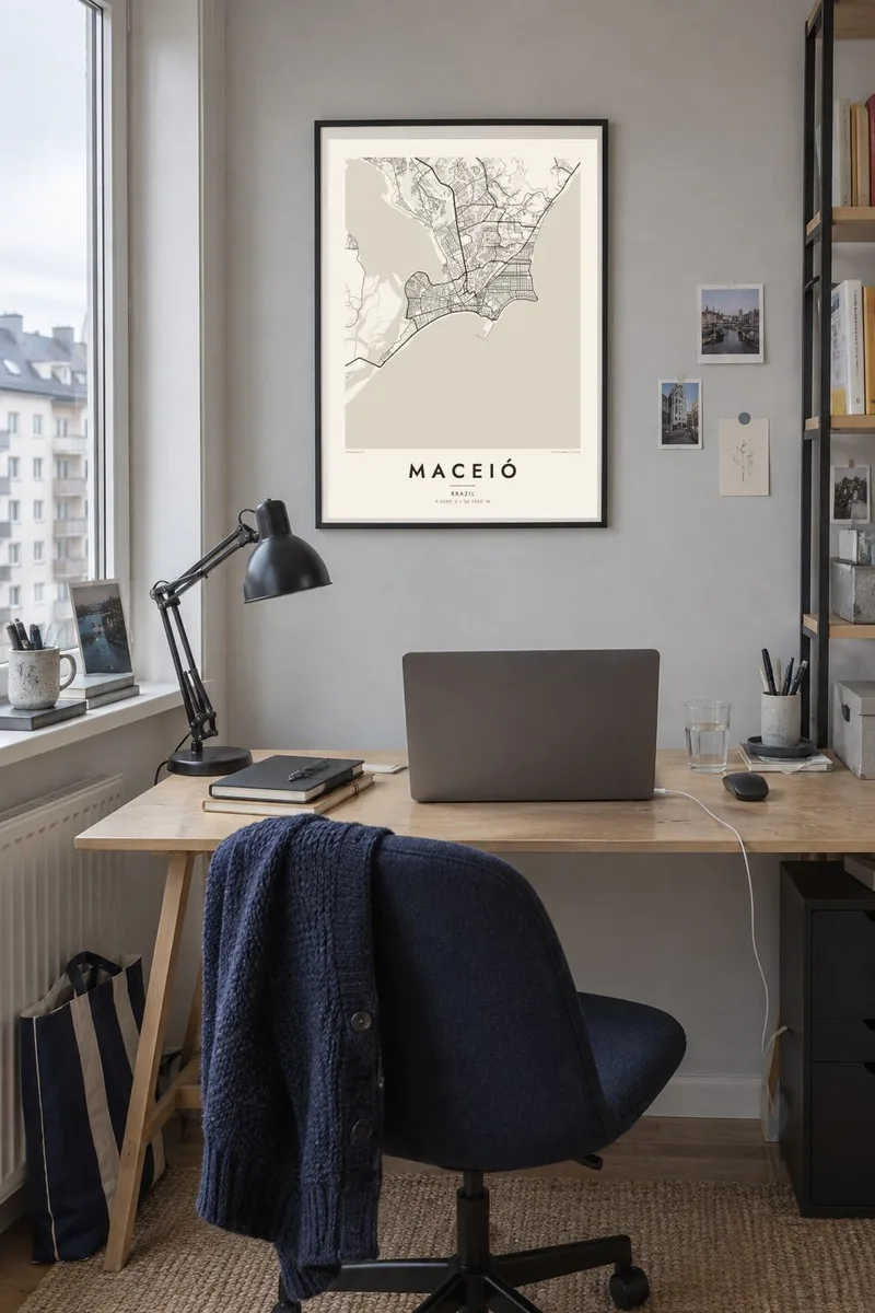 Maceió map poster in a black frame, urban work interior