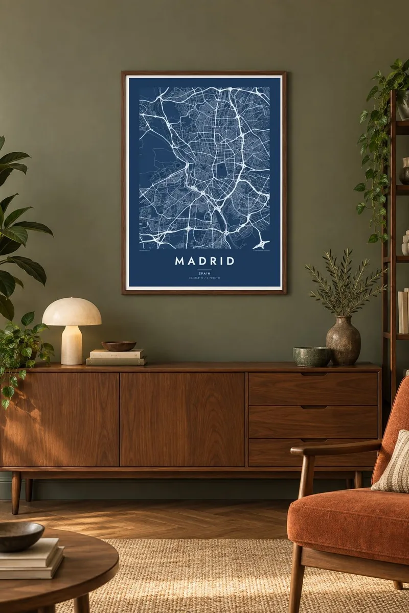 מדריד map poster in a walnut frame, midcentury interior