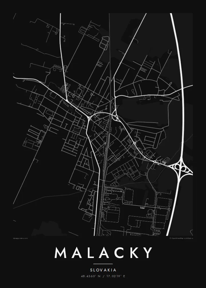 Malacky map poster — Noir style