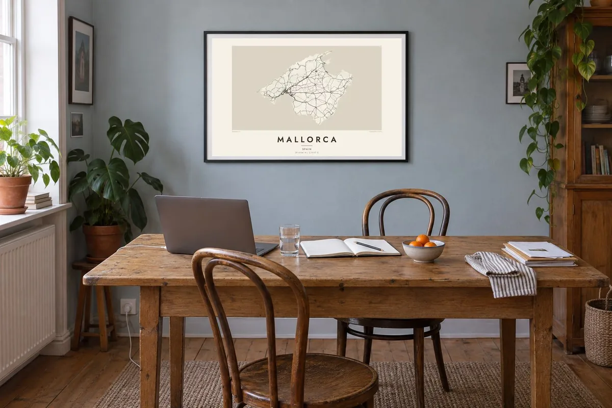 Maiorca map poster in a black frame, working dining interior