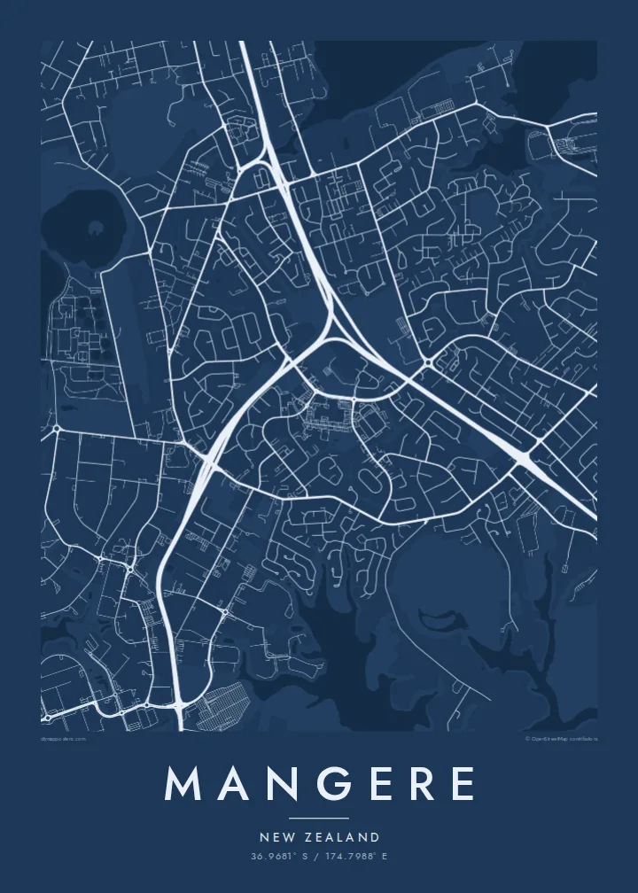 Mangere map poster — Blueprint style