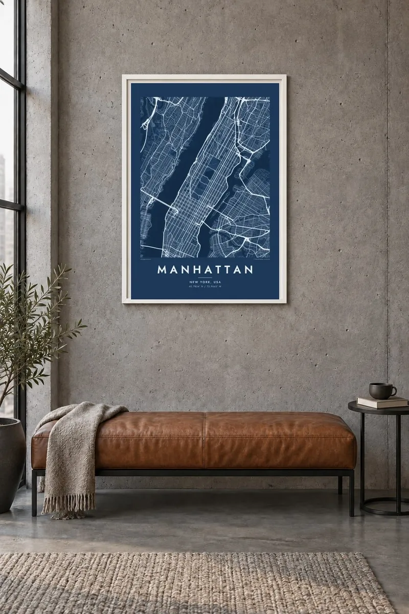 Manhattan map poster in a white frame, industrial interior
