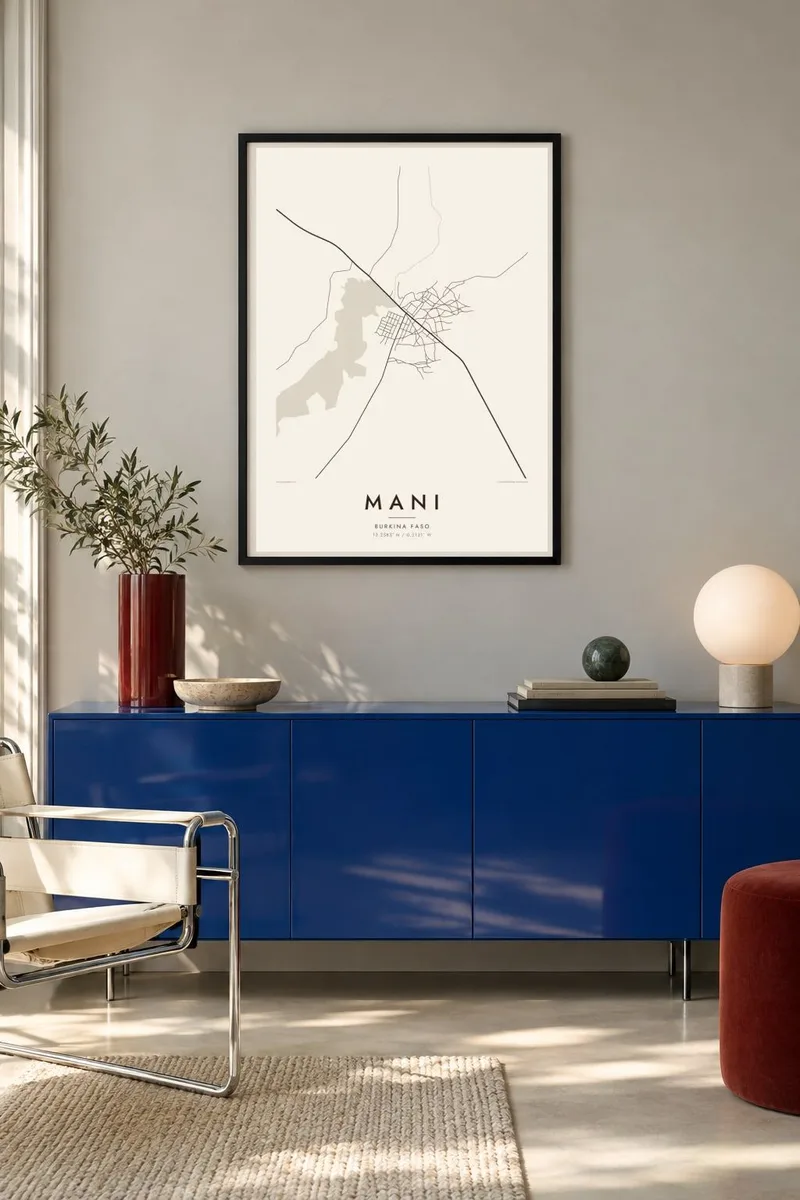 Mani map poster in a black frame, bauhaus interior