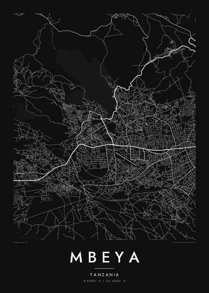 Mbeya map poster — Noir style