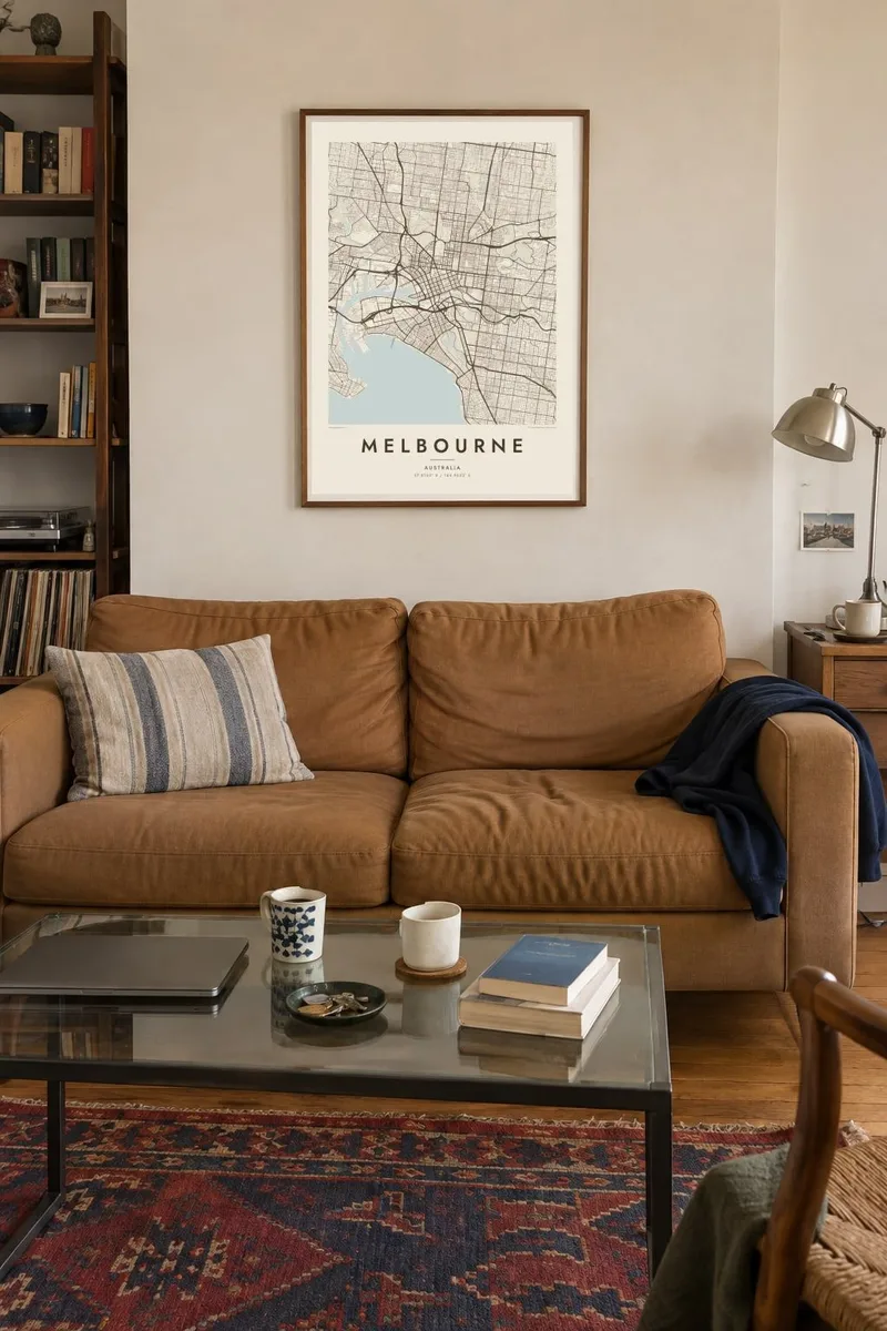 Melbourne map poster in a walnut frame, city living interior