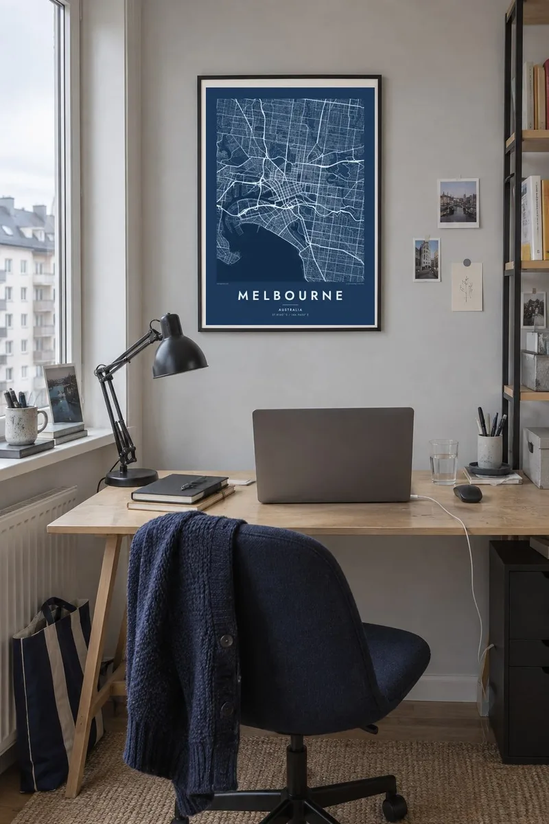 Melbourne map poster in a black frame, urban work interior