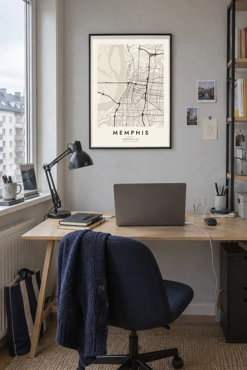 Memphis map poster in a black frame, urban work interior