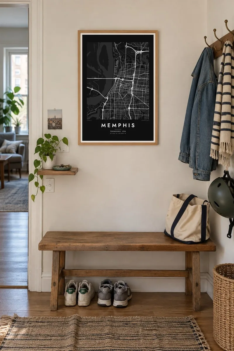 Memphis map poster in an oak frame, entryway interior